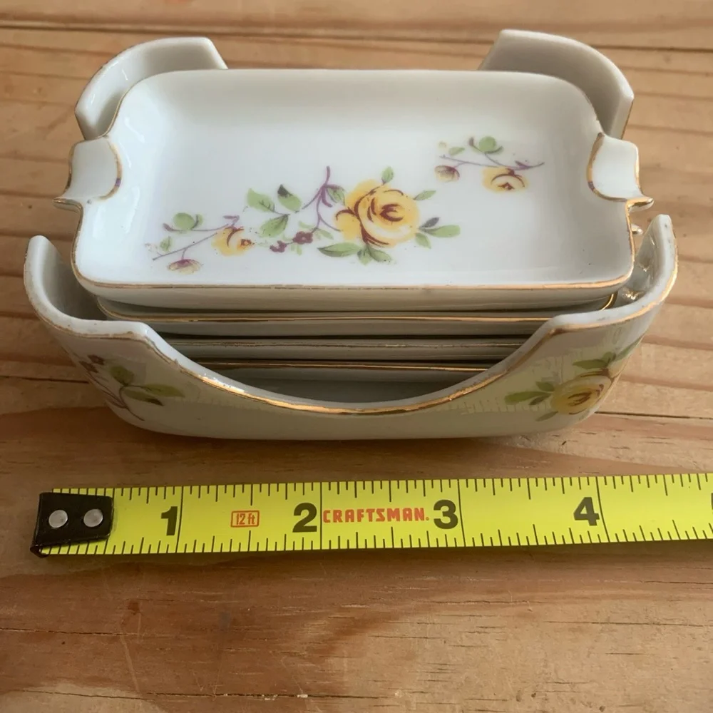 Fred Roberts Nesting Yellow Rose Pattern 4 Ashtray Set Gold Trim Japan VTG 4”